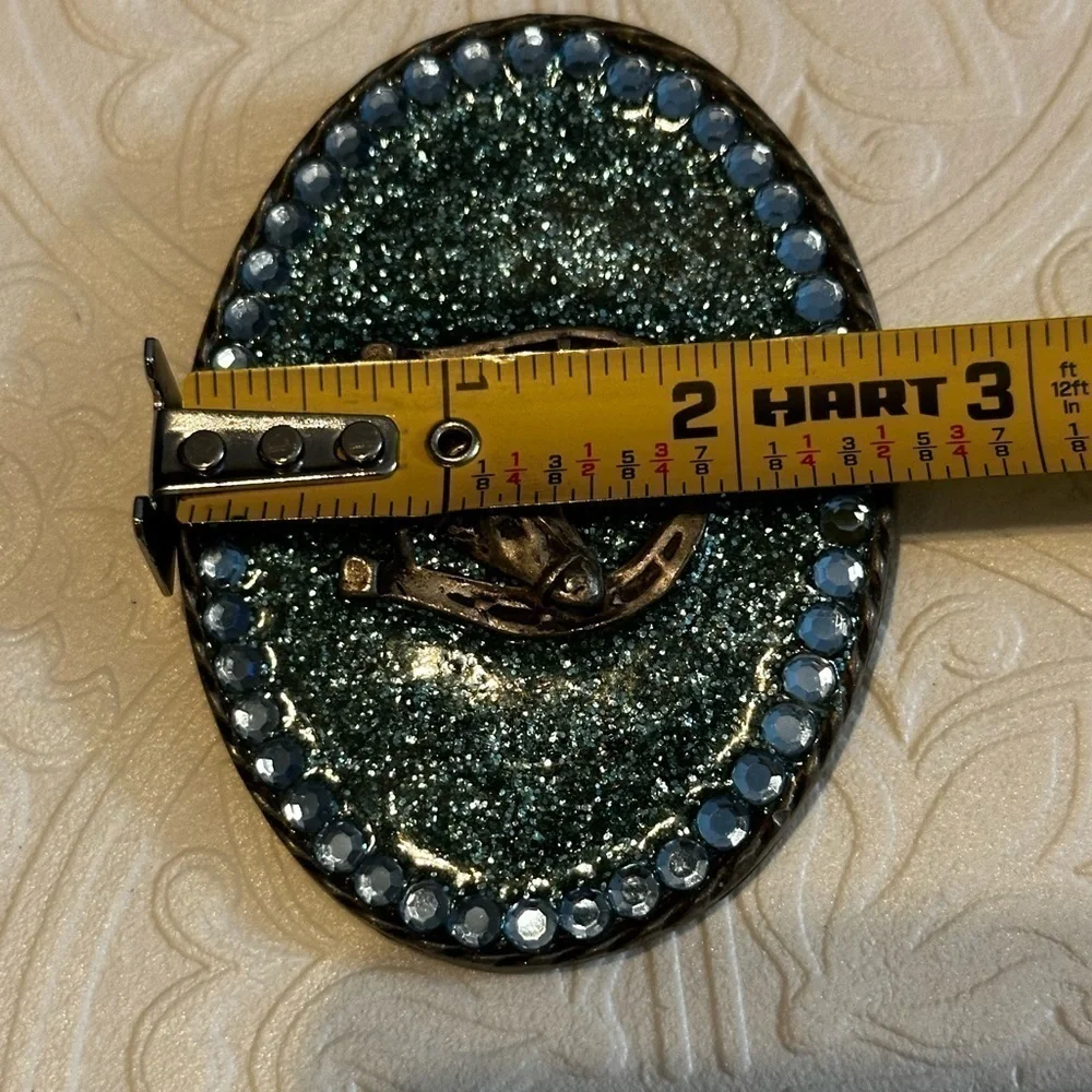 Rubyrudi Artist Western Belt Buckle Hand Crafted OOAK Blue Glitter Glass Rugged